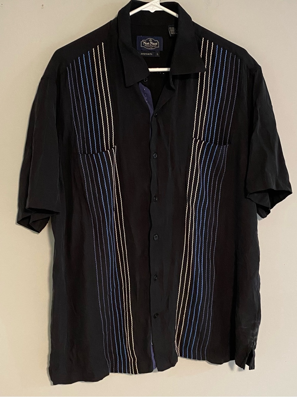 Nat Nast 100% Silk Button Up Camp Shirt L Black American Fit Luxury Embroidered